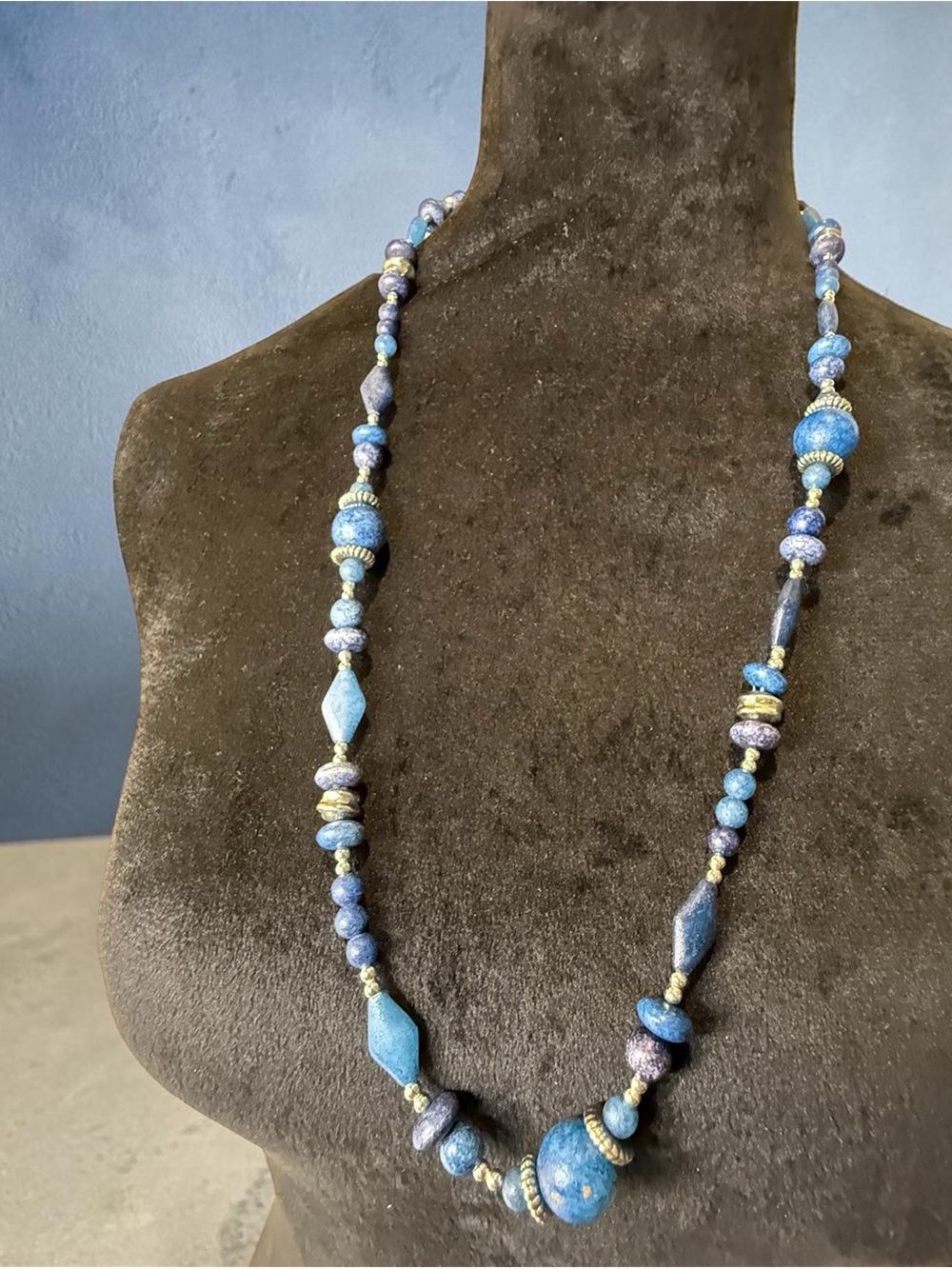Vintage Long Blue Tone Beaded Necklace